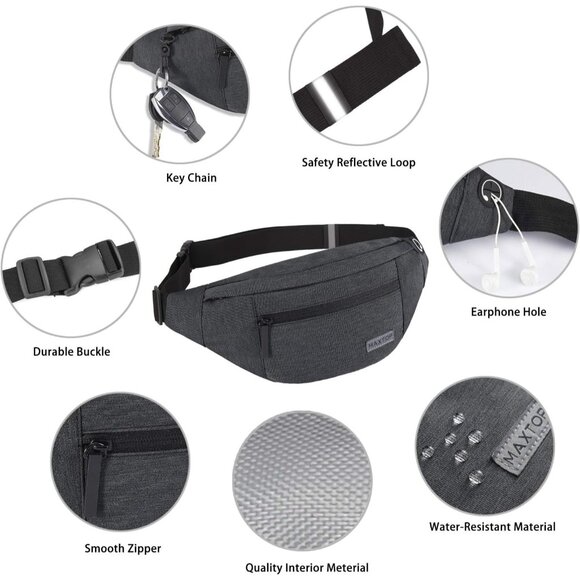 Women Men Dark Grey Large Crossbody Fanny Pack Belt Bag Hands-Free Waist Pack - Picture 6 of 7